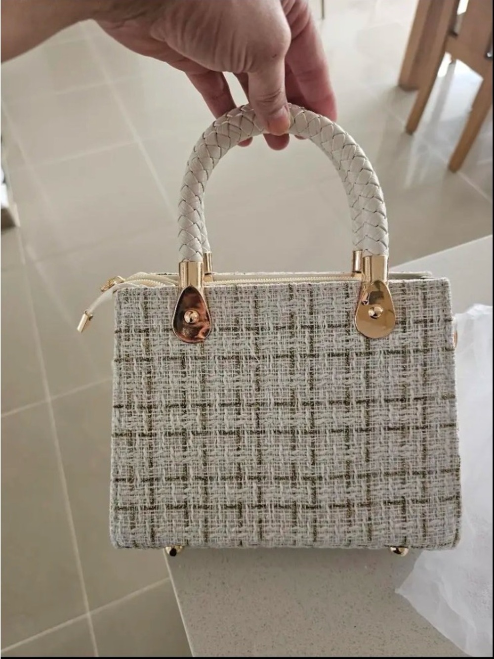 Elegant Cream Tweed Top-Handle Bag with Gold Hardware